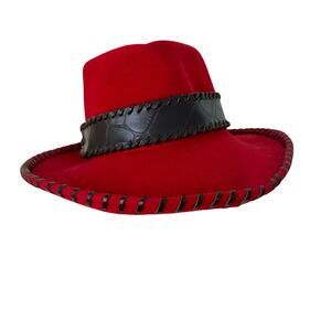 Eric Javits Vintage Red Wool Hat Whipstitch Black Leather Trim OS Western Cowboy FW20_13280_WOOL_WESTERN_BLK_4c  main image 4